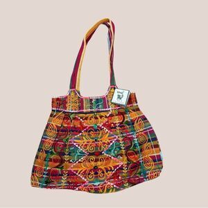 New With Tags Karma Living Cotton Canvas Embroidered Pleated Multi Colored Bag